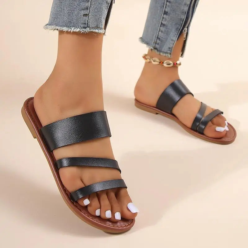 Rimocy 2023 Summer Flat Heel Sandals for Women Casual Plus Size Beach Slippers Woman Pu Leather Strap Slip-On Gladiator Sandals