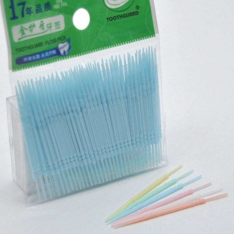 100pcs/bag Double-ended Fish Bone Shaped Disposable Plastic Toothpick Dental Floss Interdental Brush Oral Cleaning Caring Tools