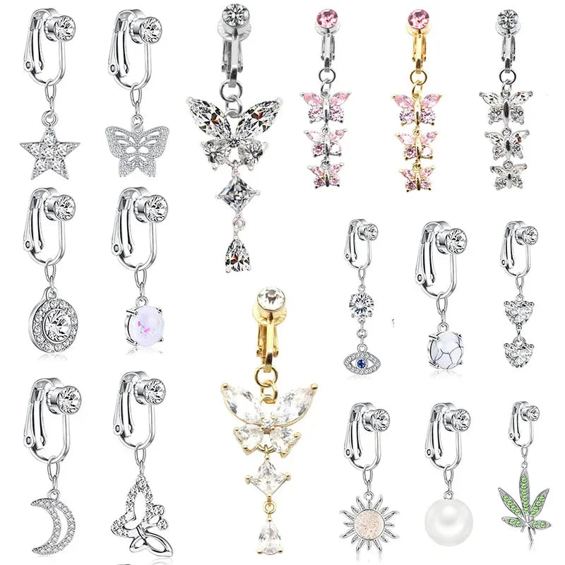 Faux Fake Belly Piercing Butterfly Leaves Dangling Long Fake Belly Button Pircing Clip on Umbilical Navel Cartilage Earring Clip