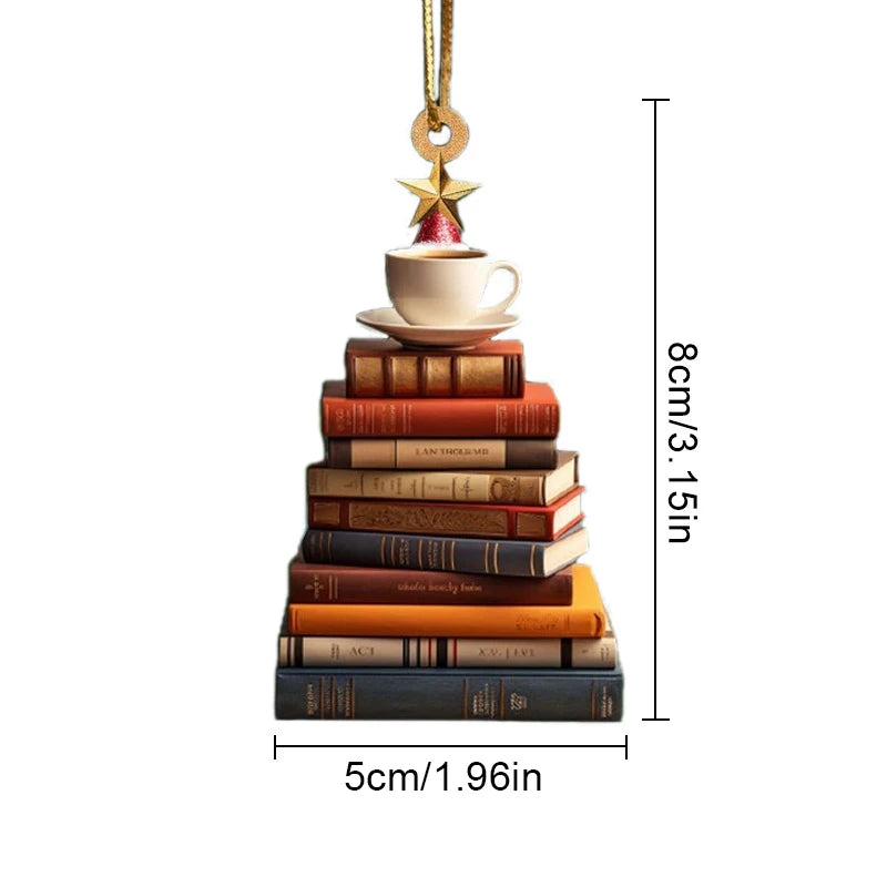 Creative 3D Bookshelf Christmas Pendant Acrylic Flat Printing Book Dogs Drop Xmas Tree Window Hanging Decor New Year Gifts