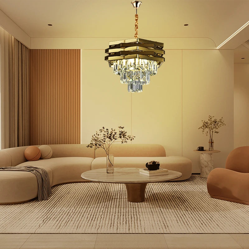 Gold round modern crystal ceiling chandelier K9 Crystal 3 level light ceiling pendant lamps for the living room foyer staircase