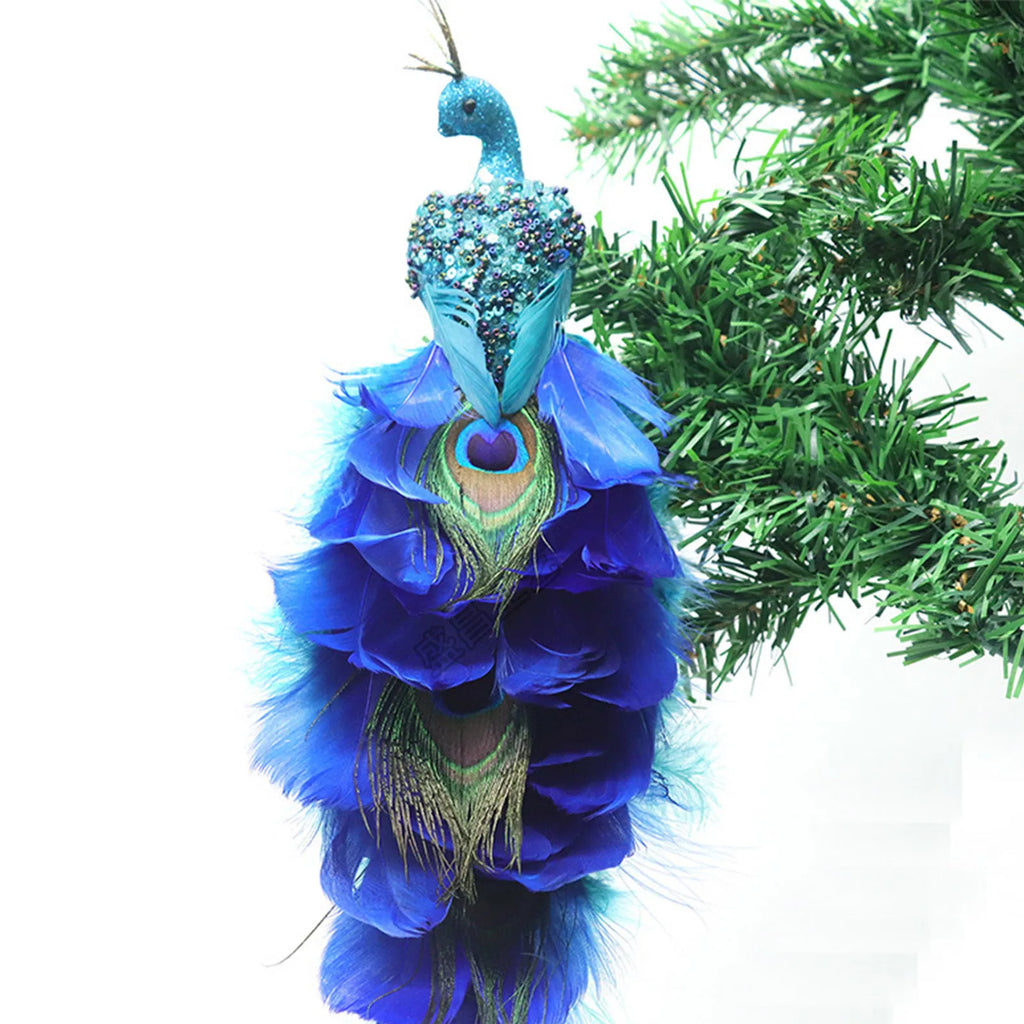 Christmas Decorations Faux Glitter Blue Peacock Ornaments With Tail Feather For Christmas Tree Decorations Garden Decor Yard