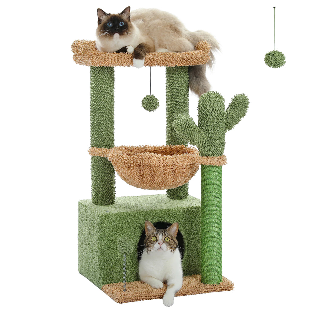 Cactus Cat Tree Cat Tower for Indoor Cats with Large Cat Condo Cat Scratching Post for Cats with Deep Hammock Cozy Top Perch