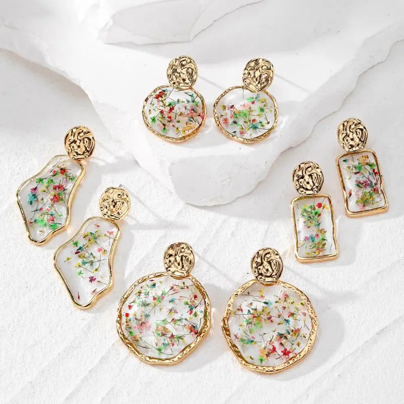 Colorful Dried Flower Earring Unique Epoxy Resin Pressed Flower Earring Women Natural Floral Geometric Boho Earring Wholesale