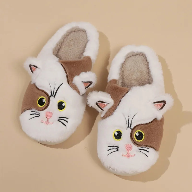 New Winter Women Lovely Cat Plush Slippers Warm Shoes Slides Cute Cartoon Cat Fuzzy Slippers Men Soft Footwear Home Cotton Shoes