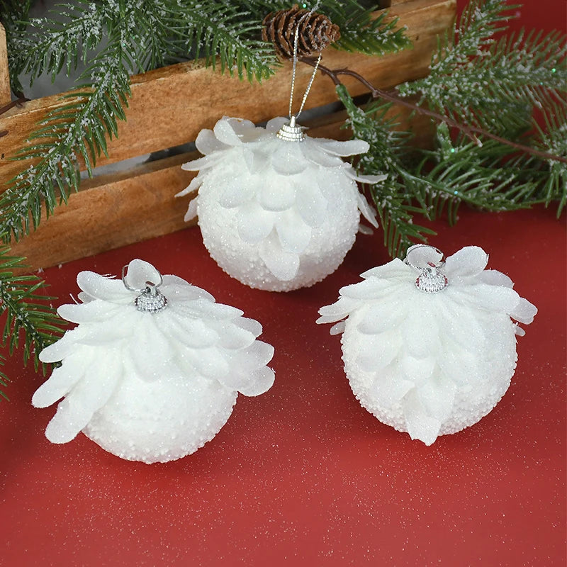 3pcs/Box Christmas Tree Ornaments White Glitter Petal Shape Balls Foam Snow Ball Christmas Pendants New Year Home Hanging Decor