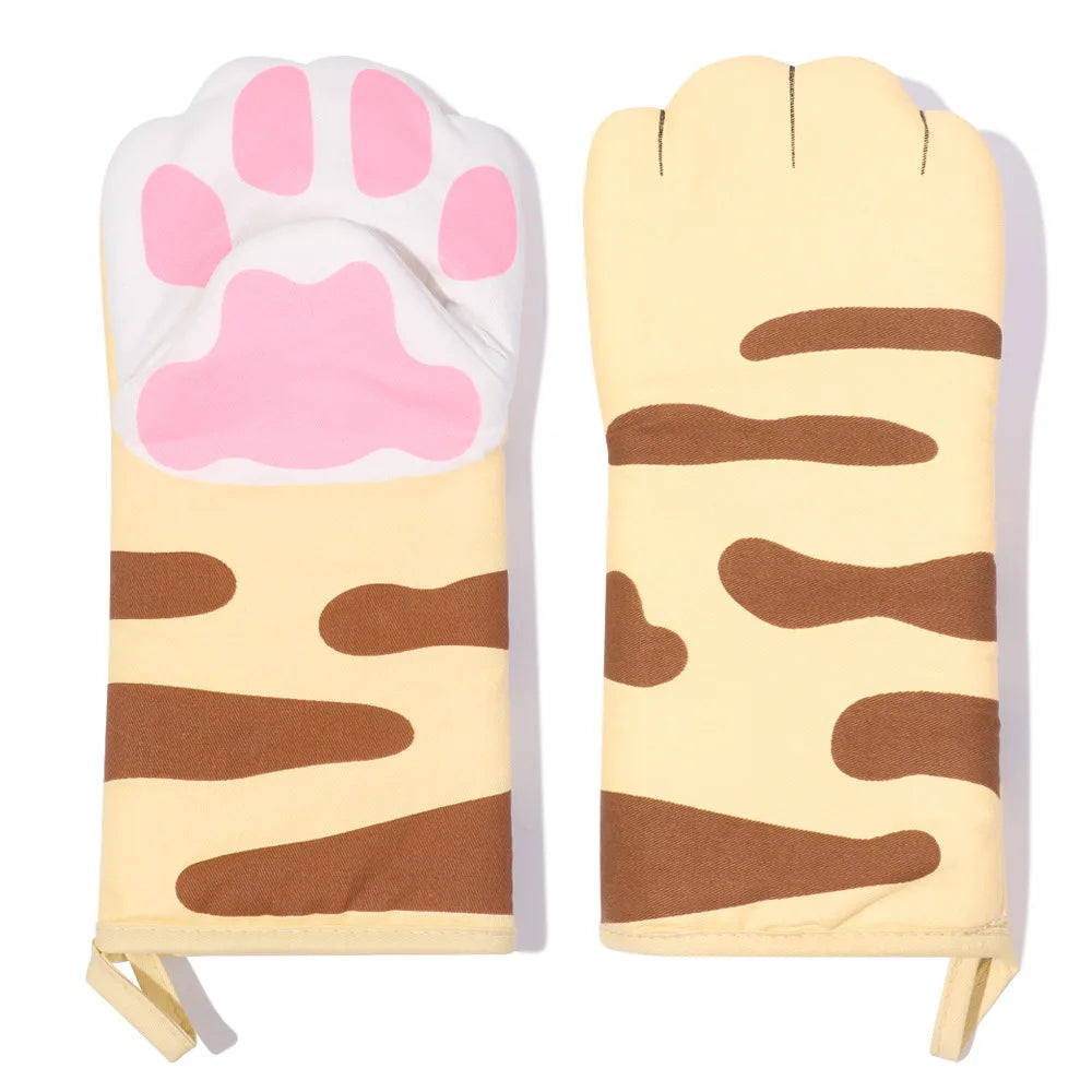 Cute Cartoon Cat Paws Pattern Oven Mitts Cotton Insulation Gloves Anti-Scalding Heat Resistant Baking Supply Microwave Tool