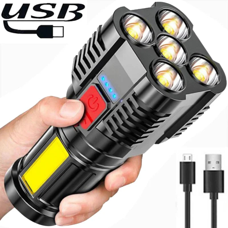 5 LEDs Flashlight Waterproof ABS Spotlight USB Rechargeable Battery Indicator COB Flood Light 4 Lighting Modes for Outdoor Use