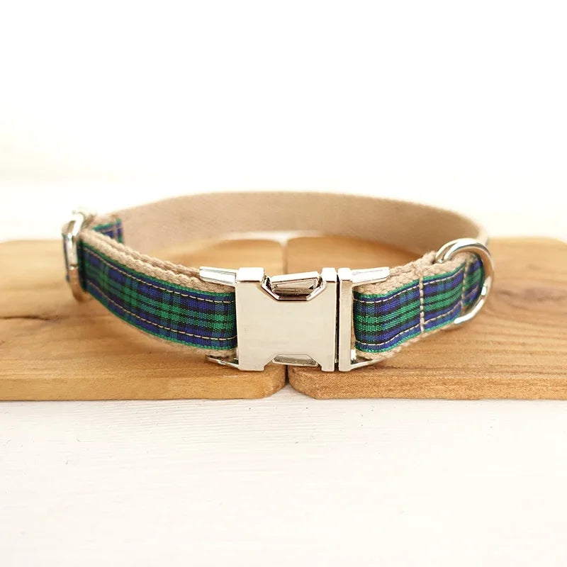 Personalized Pet Collar Scottish Plaid Custom Puppy Cat Name ID Tag Adjustable Collars Lead Leash  Free Engraving Dog Collars