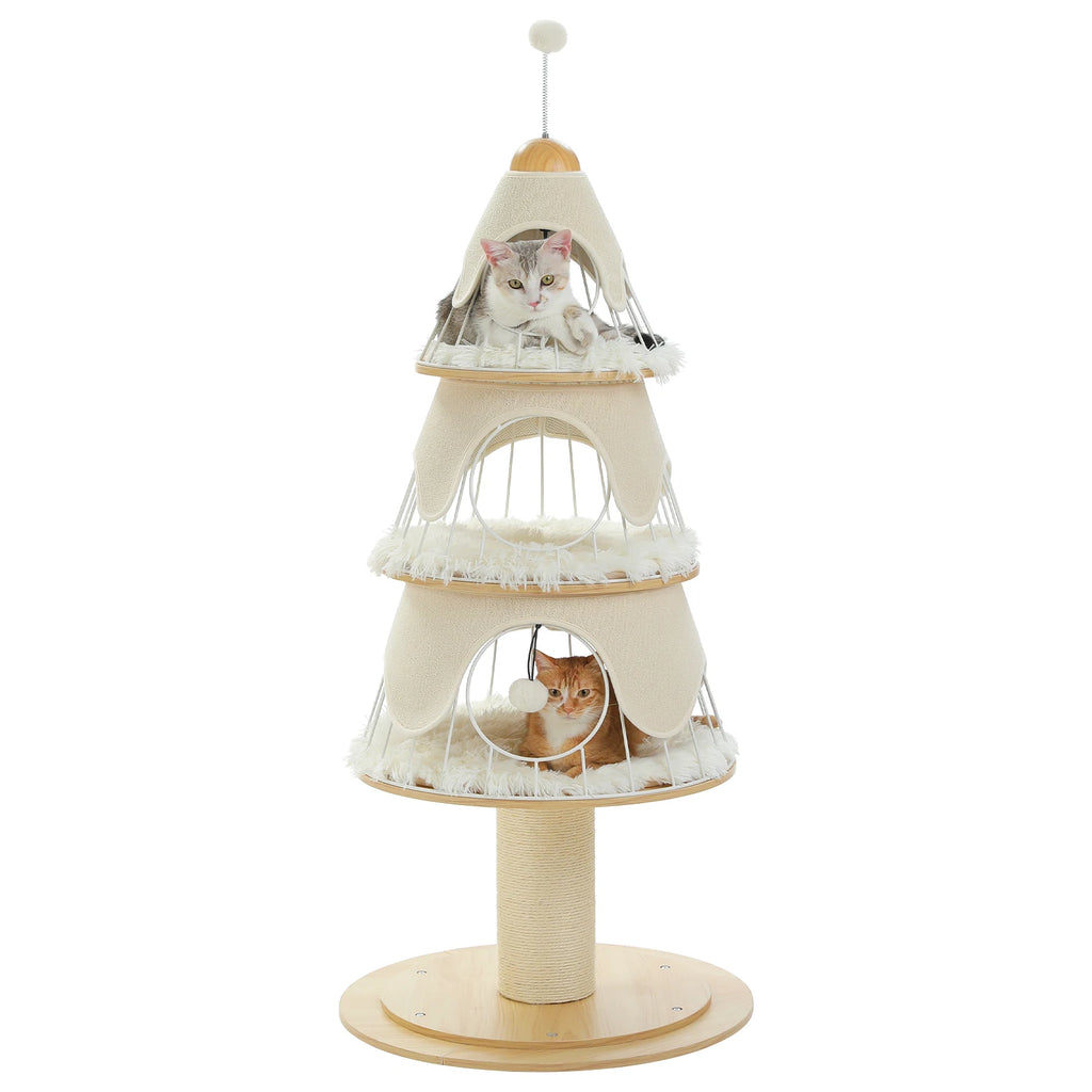 Cat Christmas Tree Modern Cat Tree with Thick Scratch Post Wood Cat Tower 3 Condos-Heavy Duty Cat Furniture Replaceable Mat