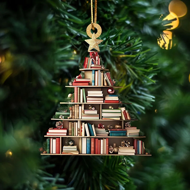 Creative 3D Bookshelf Christmas Pendant Acrylic Flat Printing Book Dogs Drop Xmas Tree Window Hanging Decor New Year Gifts