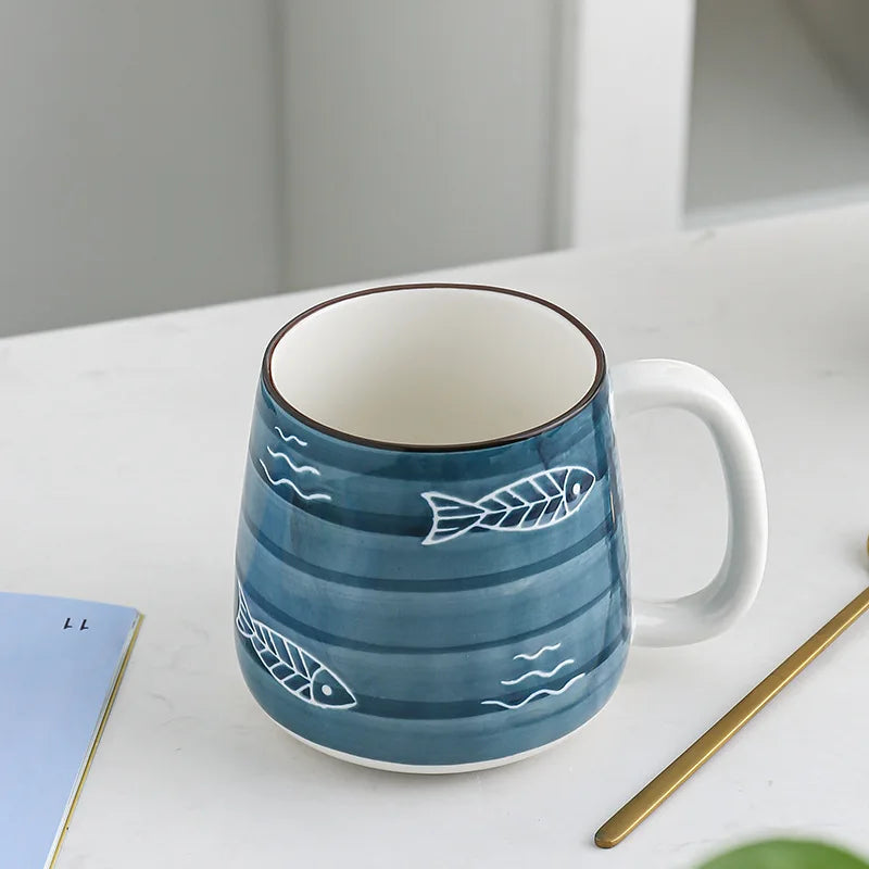 500ml Ceramic Mug With Spoon Japanese Hand Painted Style Breakfast Cups Office Home Teacup Water Cup Drinkware Gifts