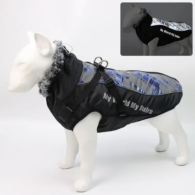 Waterproof Large Dog Clothes Winter Dog Coat With Harness Furry Collar Warm Pet Clothing Big Dog Jacket Labrador Bulldog Costume