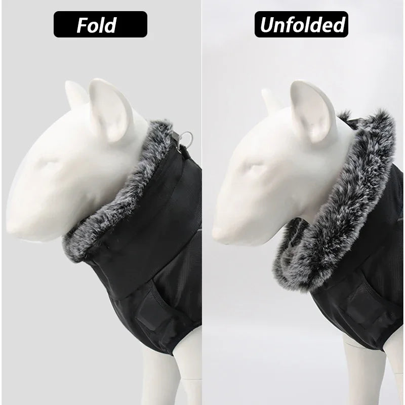 Waterproof Large Dog Clothes Winter Dog Coat With Harness Furry Collar Warm Pet Clothing Big Dog Jacket Labrador Bulldog Costume