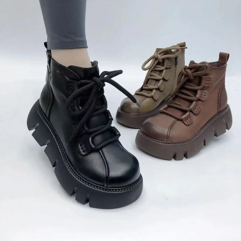 Retro British Style Short Boots 2023 Autumn Winter New Round Toe Thick Bottom Side Zipper Short Boots for Women Zapatos Mujer