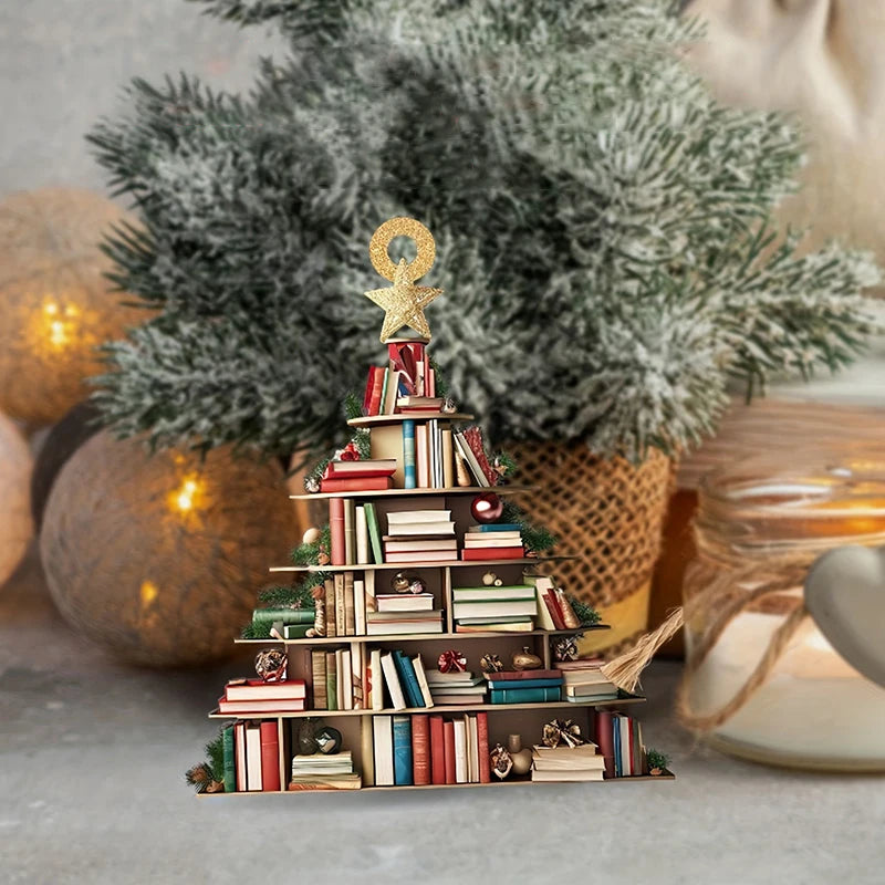 Creative 3D Bookshelf Christmas Pendant Acrylic Flat Printing Book Dogs Drop Xmas Tree Window Hanging Decor New Year Gifts