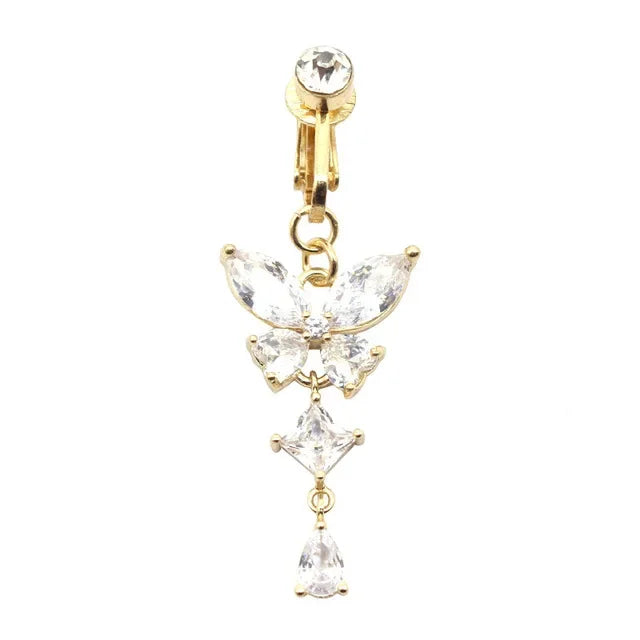 Faux Fake Belly Piercing Butterfly Leaves Dangling Long Fake Belly Button Pircing Clip on Umbilical Navel Cartilage Earring Clip