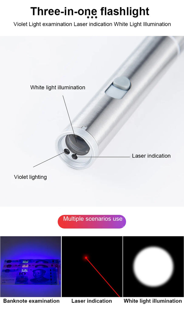 3 in 1 USB charging UV Flashlight Mini Multi-functional Infrared Teasing Cat Lamp Currency Anti-counterfeiting Black Light Torch