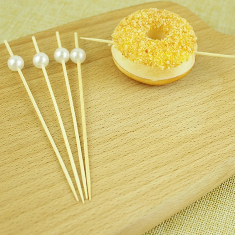 100 Pcs Disposable Pearl Bamboo Skewers Fruit Snacks Cocktail Appetizers Fork Skewers Bar Fiesta Wedding Birthday Supplies