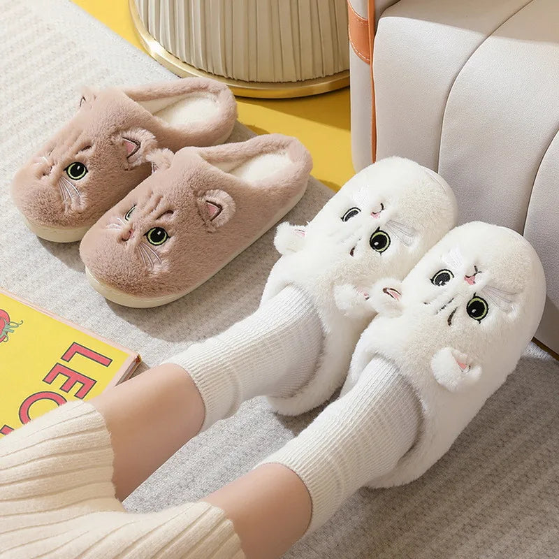 New Winter Women Lovely Cat Plush Slippers Warm Shoes Slides Cute Cartoon Cat Fuzzy Slippers Men Soft Footwear Home Cotton Shoes