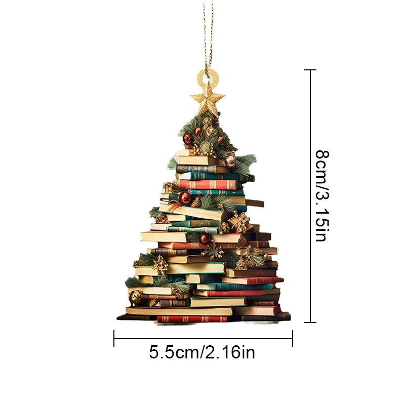 Creative 3D Bookshelf Christmas Pendant Acrylic Flat Printing Book Dogs Drop Xmas Tree Window Hanging Decor New Year Gifts