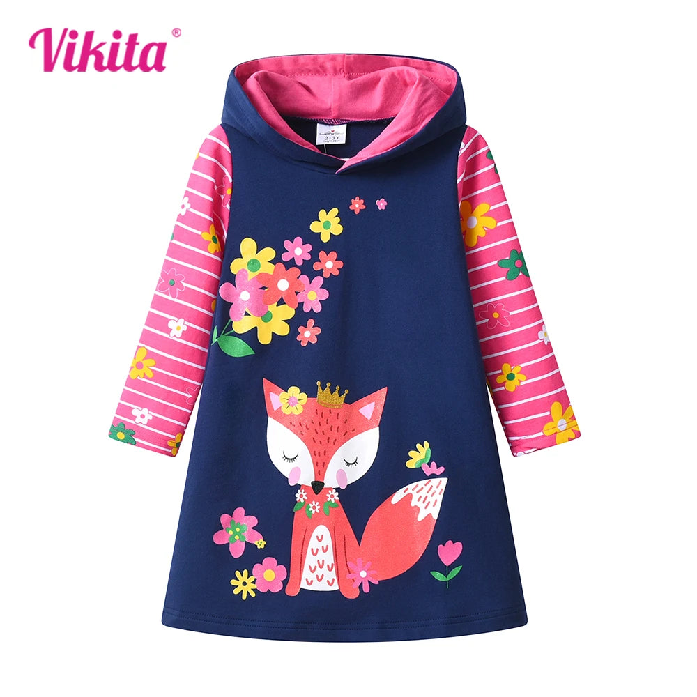 VIKITA Girls Hooded Dress Kids Autumn Winter Long Sleeve Thick Dress Girls Squirrel Flower Cotton Casual Hoodies Dresses 3-12 Y