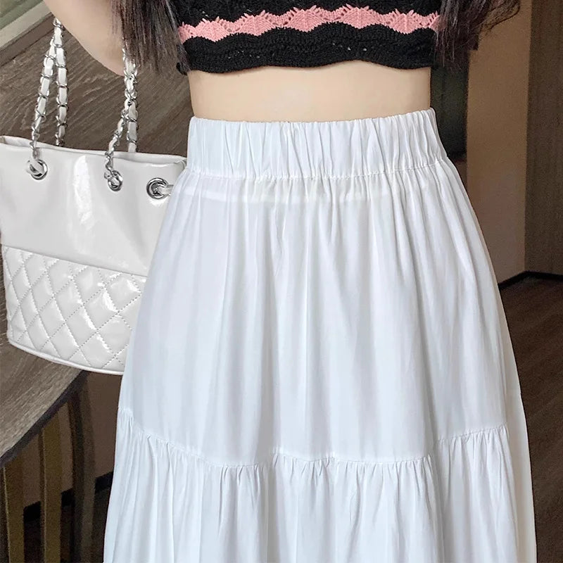 Korean Style Fashion Pleated Skirt Casual Sweet Women's Skirt High Waist White Black A-line Summer Skirt Girl Elegant Dress