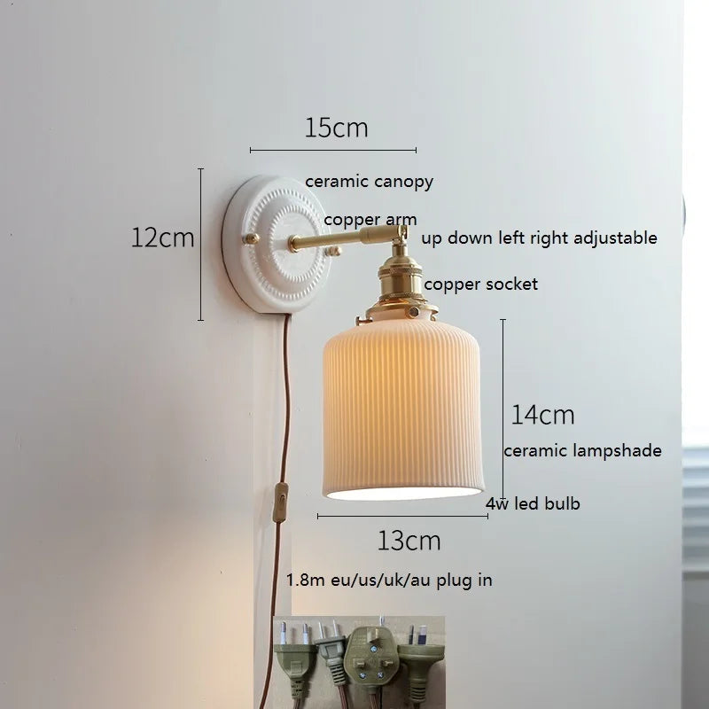 IWHD Nordic Modern Ceramic LED Wall Lamp Sconce Pull Chain Switch Beside Bedroom Bathroom Mirror Stair Light Applique Murale