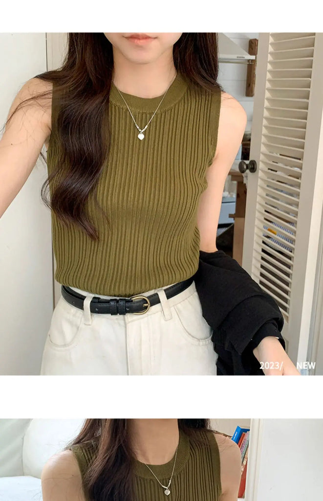 AOSSVIAO 2024 Korea Knitted Vests Women Top O-neck Solid Tank Blusas Y2K Summer New Fashion Female Sleeveless Casual Thin Tops