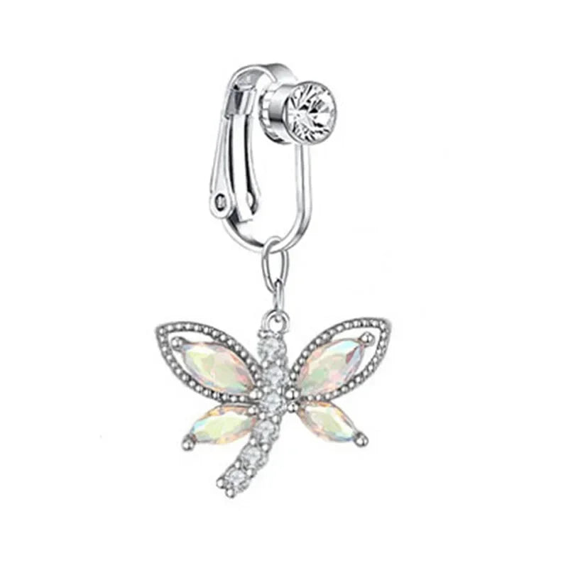 Faux Fake Belly Piercing Butterfly Leaves Dangling Long Fake Belly Button Pircing Clip on Umbilical Navel Cartilage Earring Clip