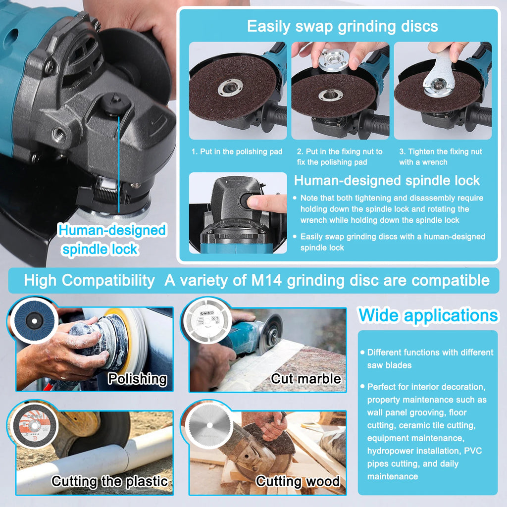 21V 125mm M14 Brushless Angle Grinder Grinding Tool Cutting Machine Power Tool for Cutting Polishing Ceramic Tile Wood Stone