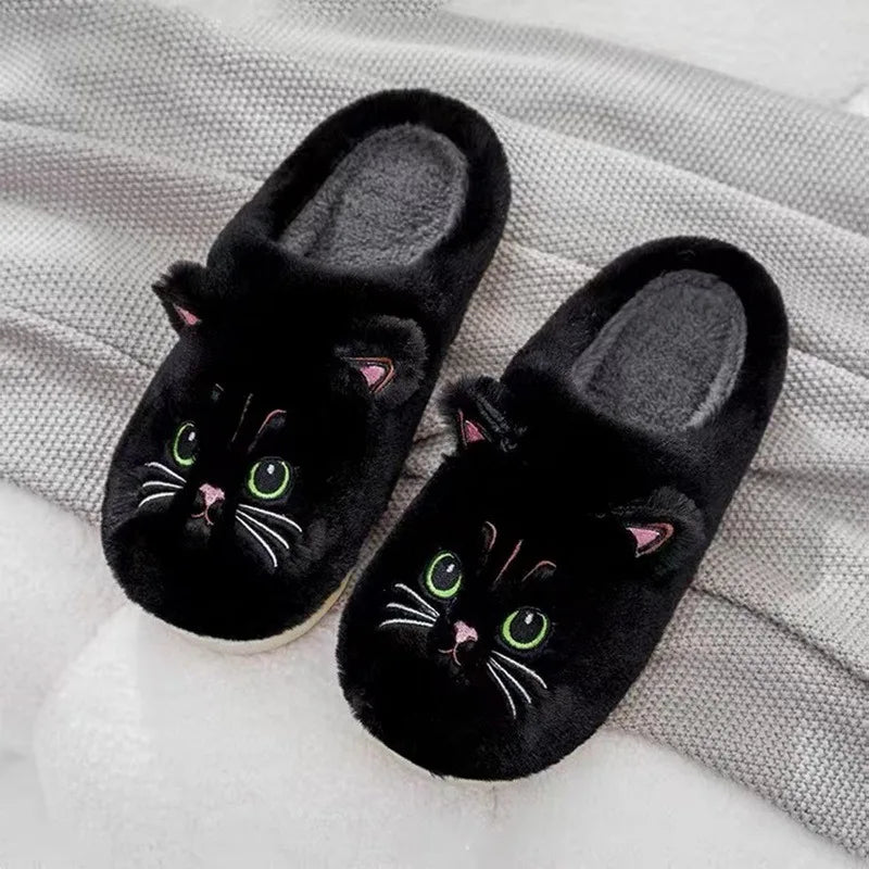 New Winter Women Lovely Cat Plush Slippers Warm Shoes Slides Cute Cartoon Cat Fuzzy Slippers Men Soft Footwear Home Cotton Shoes