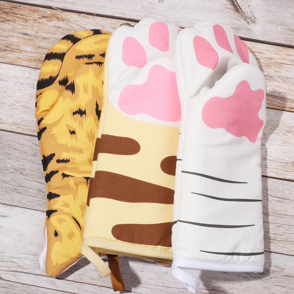 Cute Cartoon Cat Paws Pattern Oven Mitts Cotton Insulation Gloves Anti-Scalding Heat Resistant Baking Supply Microwave Tool