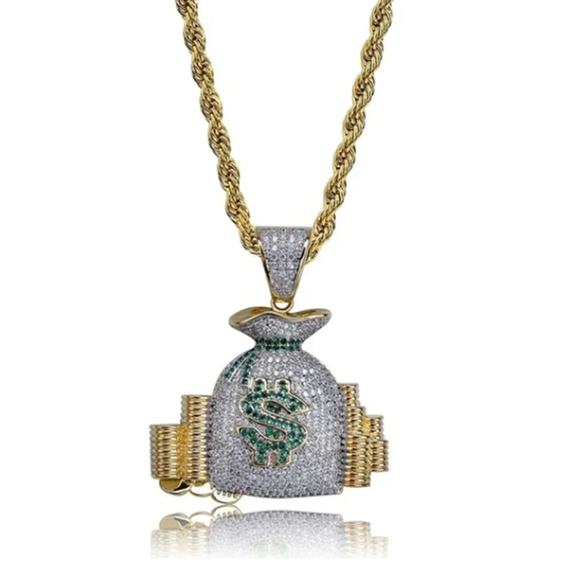 Hip Hop Ice Out Dollar Money Bag Necklace Shiny Cubic Zirconia Wallet Pendant for Men Women Hip Hop Rock Rap Cool Jewelry