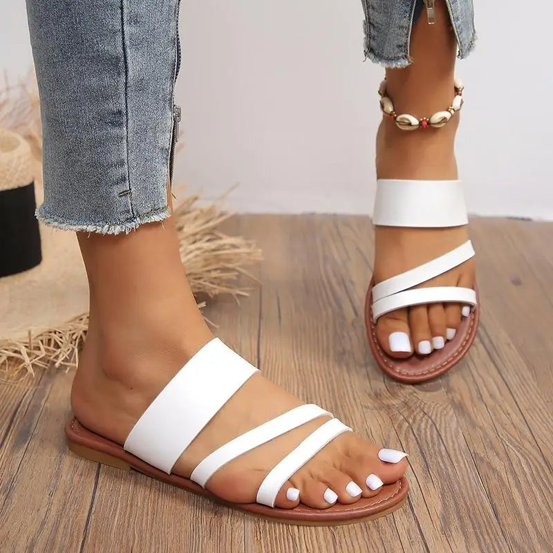 Rimocy 2023 Summer Flat Heel Sandals for Women Casual Plus Size Beach Slippers Woman Pu Leather Strap Slip-On Gladiator Sandals