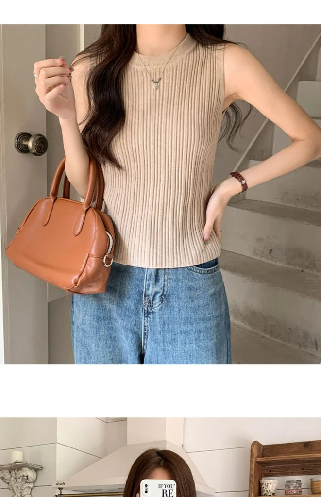 AOSSVIAO 2024 Korea Knitted Vests Women Top O-neck Solid Tank Blusas Y2K Summer New Fashion Female Sleeveless Casual Thin Tops