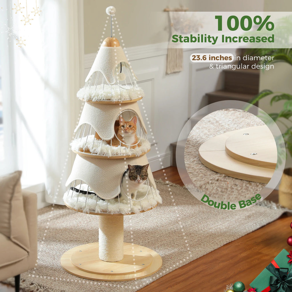 Cat Christmas Tree Modern Cat Tree with Thick Scratch Post Wood Cat Tower 3 Condos-Heavy Duty Cat Furniture Replaceable Mat