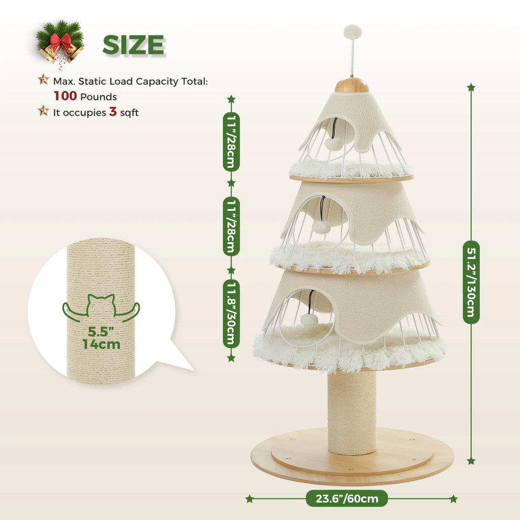 Cat Christmas Tree Modern Cat Tree with Thick Scratch Post Wood Cat Tower 3 Condos-Heavy Duty Cat Furniture Replaceable Mat