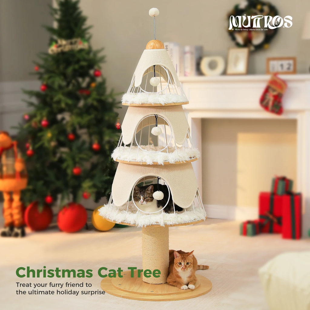 Cat Christmas Tree Modern Cat Tree with Thick Scratch Post Wood Cat Tower 3 Condos-Heavy Duty Cat Furniture Replaceable Mat