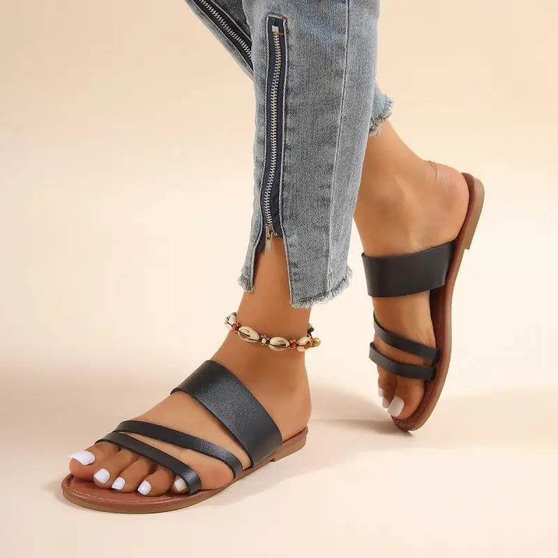 Rimocy 2023 Summer Flat Heel Sandals for Women Casual Plus Size Beach Slippers Woman Pu Leather Strap Slip-On Gladiator Sandals