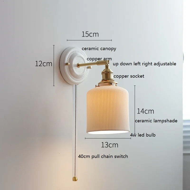 IWHD Nordic Modern Ceramic LED Wall Lamp Sconce Pull Chain Switch Beside Bedroom Bathroom Mirror Stair Light Applique Murale