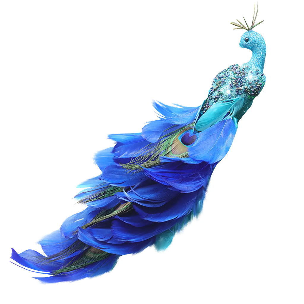 Christmas Decorations Faux Glitter Blue Peacock Ornaments With Tail Feather For Christmas Tree Decorations Garden Decor Yard