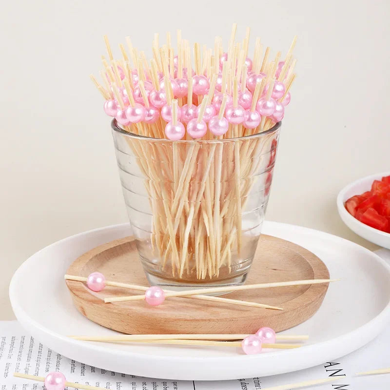 100 Pcs Disposable Pearl Bamboo Skewers Fruit Snacks Cocktail Appetizers Fork Skewers Bar Fiesta Wedding Birthday Supplies