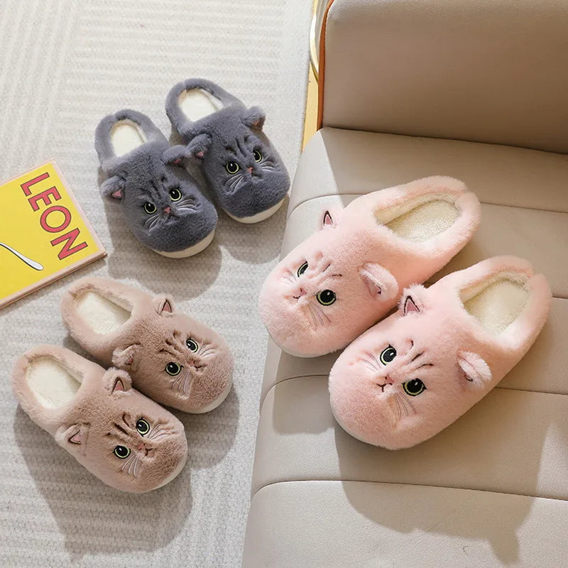 New Winter Women Lovely Cat Plush Slippers Warm Shoes Slides Cute Cartoon Cat Fuzzy Slippers Men Soft Footwear Home Cotton Shoes