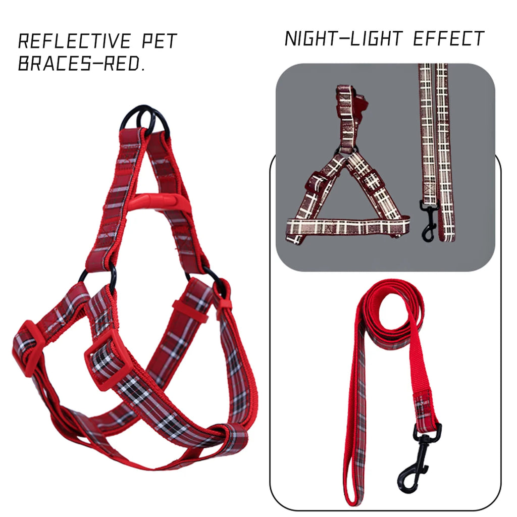 A set of plaid reflective chest and harness set for small and medium-sized dogs to go out for a walk and a lead rope for cats an