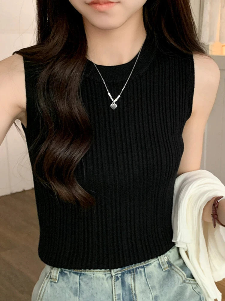 AOSSVIAO 2024 Korea Knitted Vests Women Top O-neck Solid Tank Blusas Y2K Summer New Fashion Female Sleeveless Casual Thin Tops