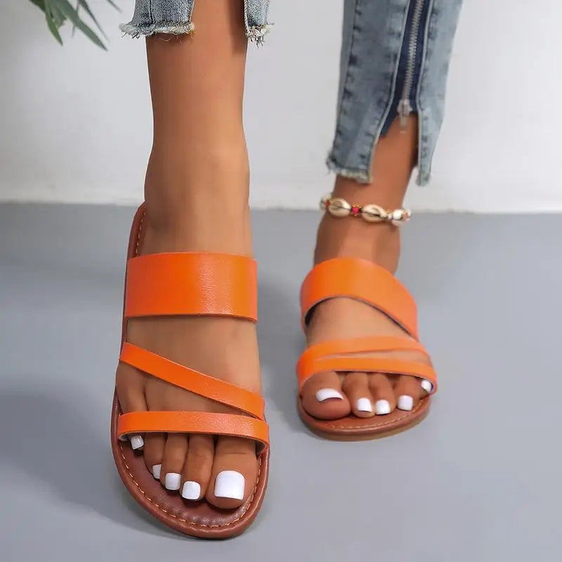 Rimocy 2023 Summer Flat Heel Sandals for Women Casual Plus Size Beach Slippers Woman Pu Leather Strap Slip-On Gladiator Sandals