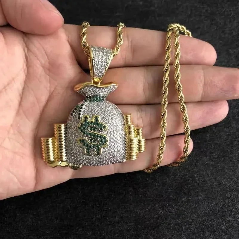 Hip Hop Ice Out Dollar Money Bag Necklace Shiny Cubic Zirconia Wallet Pendant for Men Women Hip Hop Rock Rap Cool Jewelry