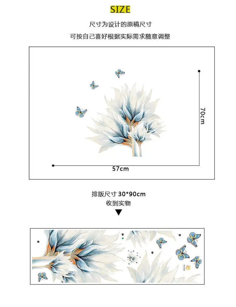 Water Color Blue Butterfly Flower Wall Sticker Living Room Sofa Background Home Decoration Mural Bedroom Wallpaper PVC Stickers