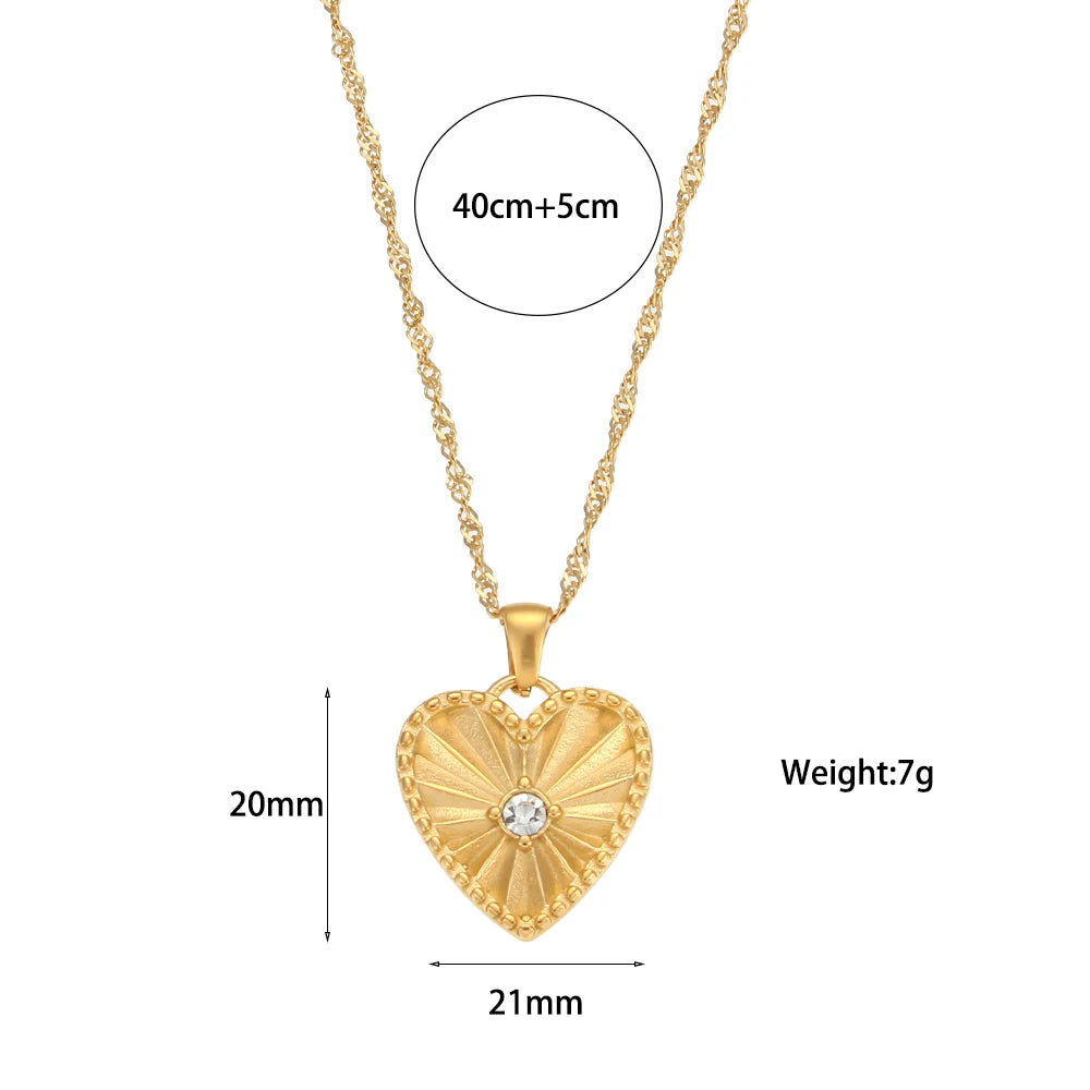 E.B.belle Official Store Stainless Steel Jewelry Heart Shape Leaf Grain Central Zircon Stone Paved Coin Heart Pendant Necklace